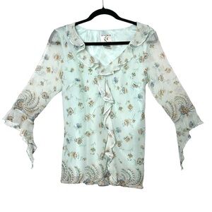 Vintage Y2K Boho Fairycore Silk Bell Sleeve Top Beaded Floral Ruffle Whimsical